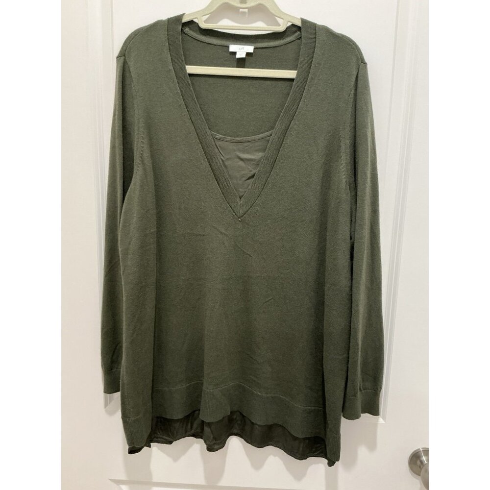 J. Jill Sweater Size XL Green VNeck L/S 2 Layer Look Long Sleeve